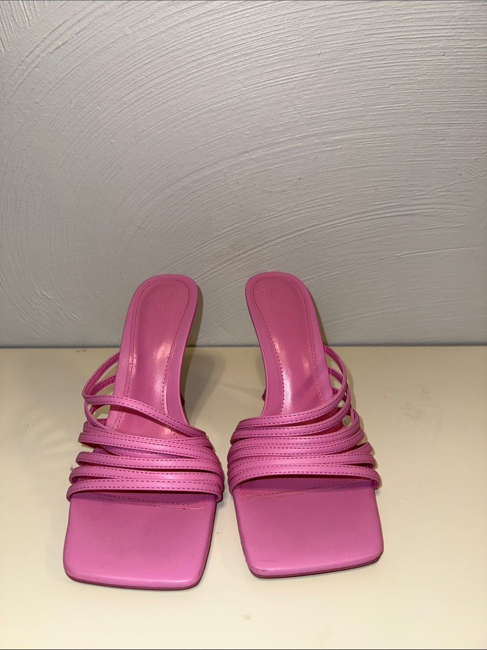 Zara Pink Multi-Strap Square-Toe Heeled Mules